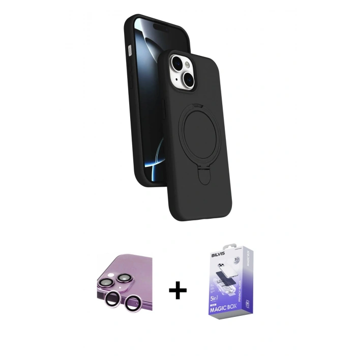 MARSİLYAN™- iPhone 14 Kılıf İz Işık Koleksiyonu - Siyah Bilvis 5in1 5D Magic Hayalet Cam Ekran Koruyucu + Raze Metal Kamera Lens - MR