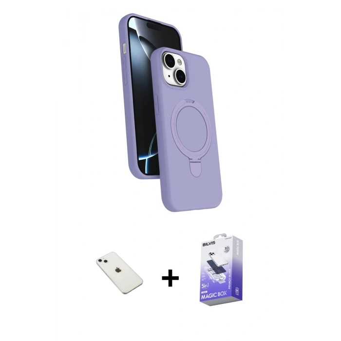 MARSİLYAN™- iPhone 14 Kılıf İz Işık Koleksiyonu - Siyah Bilvis 5in1 5D Magic Hayalet Cam Ekran Koruyucu + Diamond Kamera Lens - SABE
