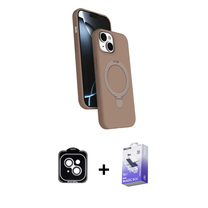 MARSİLYAN™- iPhone 14 Kılıf İz Işık Koleksiyonu - Siyah Bilvis 5in1 5D Magic Hayalet Cam Ekran Koruyucu + PVD Metal Kamera Lens - GS