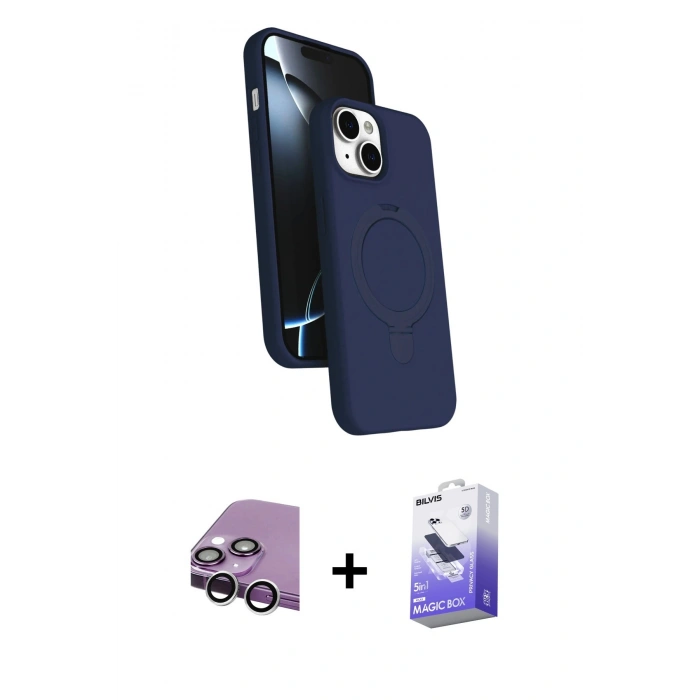 MARSİLYAN™- iPhone 14 Kılıf İz Işık Koleksiyonu - Siyah Bilvis 5in1 5D Magic Hayalet Cam Ekran Koruyucu + Raze Metal Kamera Lens - GS