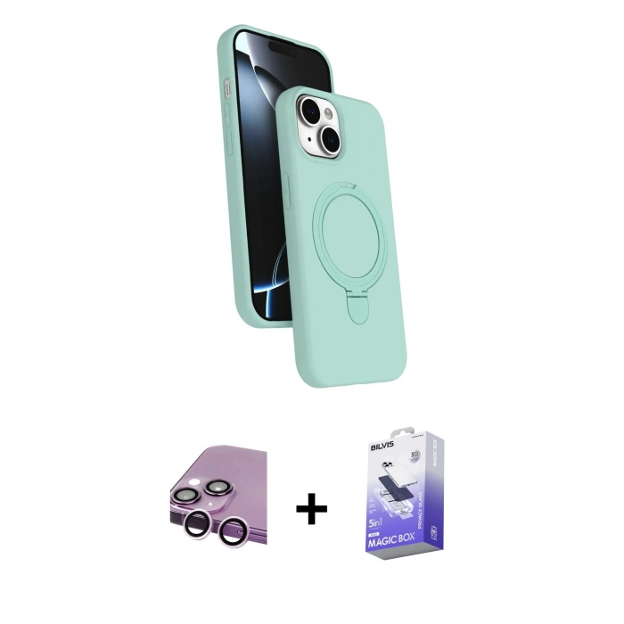 MARSİLYAN™- iPhone 14 Kılıf İz Işık Koleksiyonu - Siyah Bilvis 5in1 5D Magic Hayalet Cam Ekran Koruyucu + Raze Metal Kamera Lens - MR