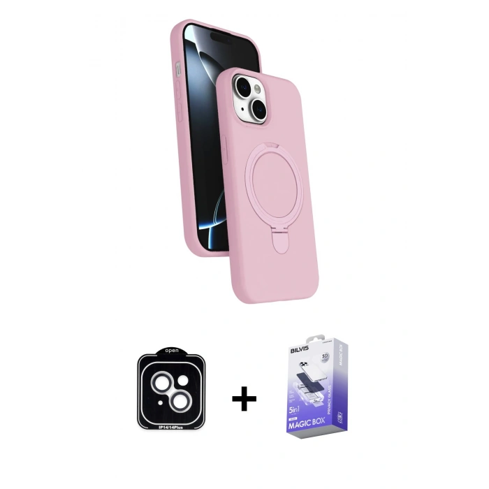 MARSİLYAN™- iPhone 14 Kılıf İz Işık Koleksiyonu - Siyah Bilvis 5in1 5D Magic Hayalet Cam Ekran Koruyucu + PVD Metal Kamera Lens - GS