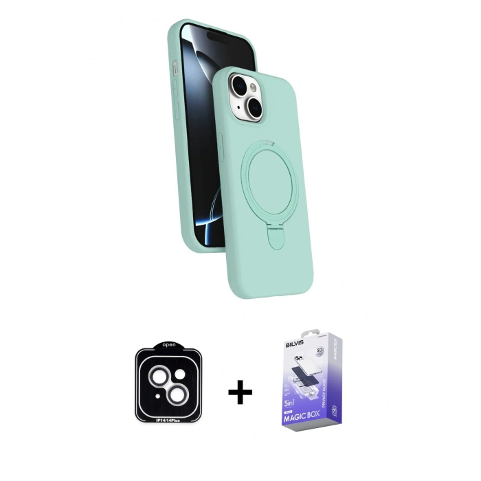 MARSİLYAN™- iPhone 14 Kılıf İz Işık Koleksiyonu - Siyah Bilvis 5in1 5D Magic Hayalet Cam Ekran Koruyucu + PVD Metal Kamera Lens - GS