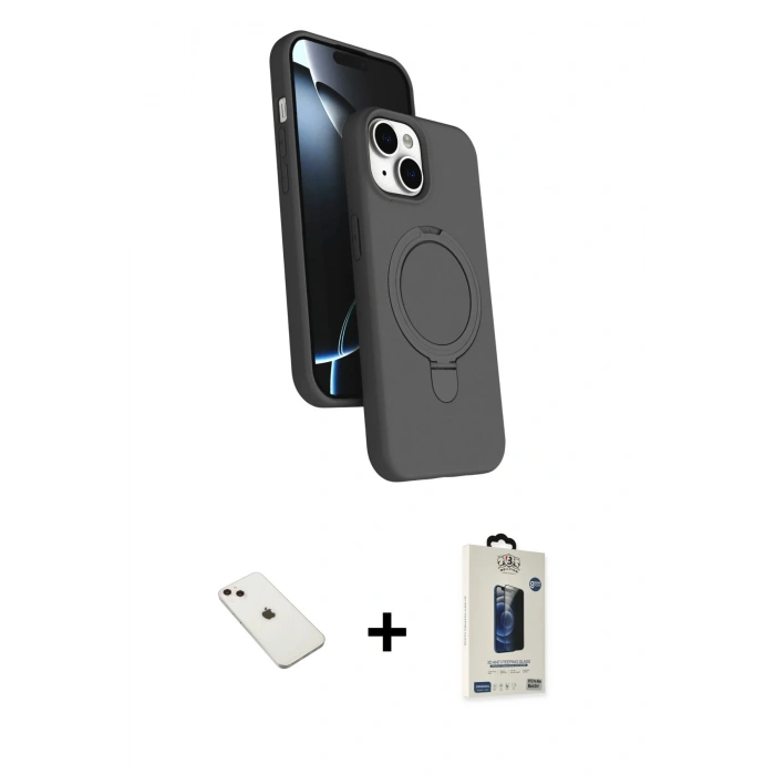 MARSİLYAN™- iPhone 14 Kılıf İz Işık Koleksiyonu - Siyah Bilvis Hayalet Cam Ekran Koruyucu + Diamond Kamera Lens - PE