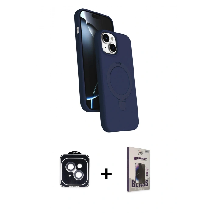 MARSİLYAN™- iPhone 14 Kılıf İz Işık Koleksiyonu - Siyah Bilvis Hayalet Cam Ekran Koruyucu + PVD Metal Kamera Lens - SH