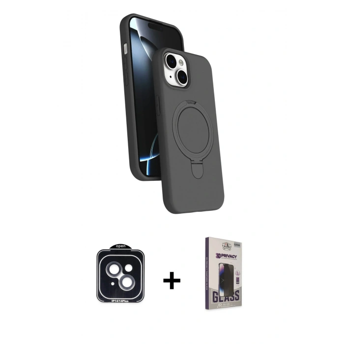 MARSİLYAN™- iPhone 14 Kılıf İz Işık Koleksiyonu - Siyah Bilvis Hayalet Cam Ekran Koruyucu + PVD Metal Kamera Lens - SH