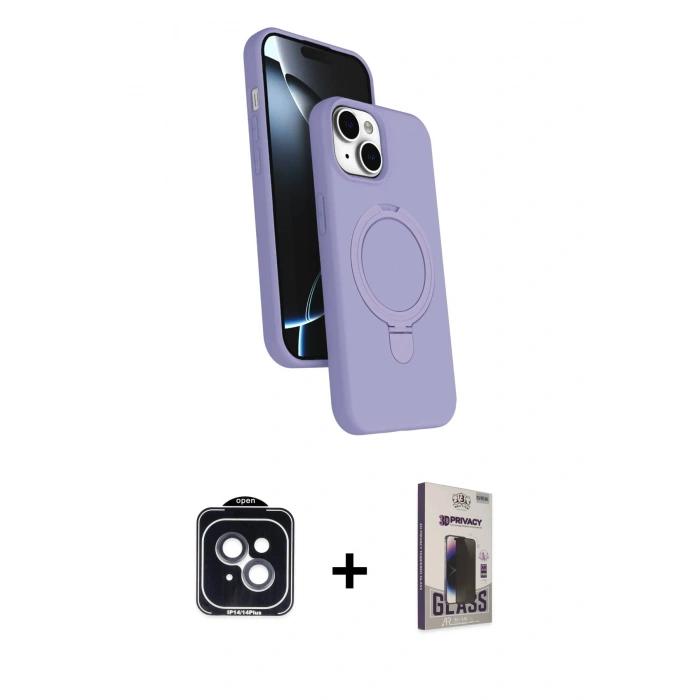 MARSİLYAN™- iPhone 14 Kılıf İz Işık Koleksiyonu - Siyah Bilvis Hayalet Cam Ekran Koruyucu + PVD Metal Kamera Lens - SH