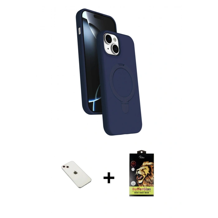 MARSİLYAN™- iPhone 14 Kılıf İz Işık Koleksiyonu - Siyah Buffer Cam Ekran Koruyucu + Diamond Kamera Lens - PE