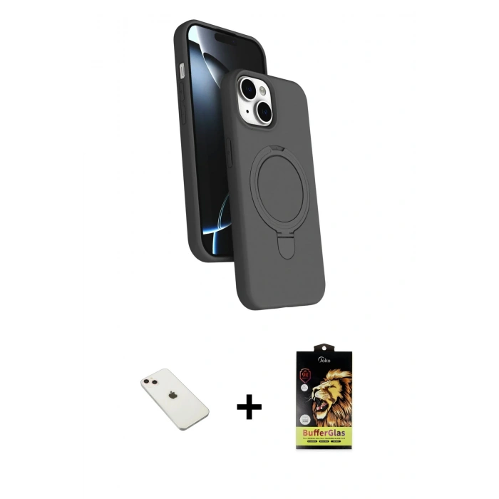 MARSİLYAN™- iPhone 14 Kılıf İz Işık Koleksiyonu - Siyah Buffer Cam Ekran Koruyucu + Diamond Kamera Lens - PE