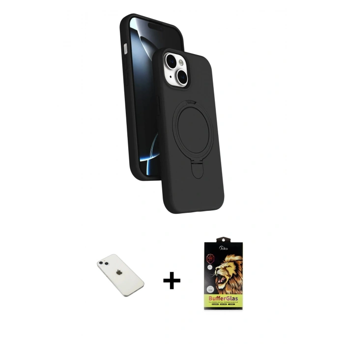 MARSİLYAN™- iPhone 14 Kılıf İz Işık Koleksiyonu - Siyah Buffer Cam Ekran Koruyucu + Diamond Kamera Lens - SABE