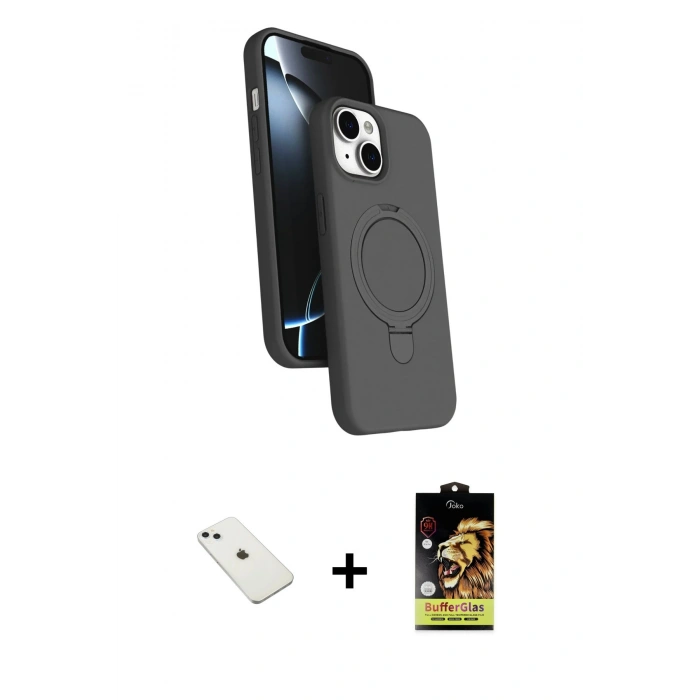 MARSİLYAN™- iPhone 14 Kılıf İz Işık Koleksiyonu - Siyah Buffer Cam Ekran Koruyucu + Diamond Kamera Lens - SABE