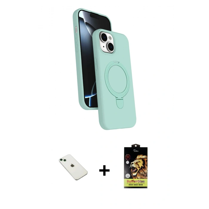 MARSİLYAN™- iPhone 14 Kılıf İz Işık Koleksiyonu - Siyah Buffer Cam Ekran Koruyucu + Diamond Kamera Lens - YL
