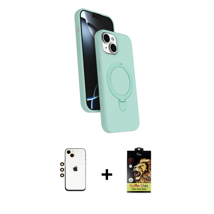 MARSİLYAN™- iPhone 14 Kılıf İz Işık Koleksiyonu - Siyah Buffer Cam Ekran Koruyucu + Gold Shine Kamera Lens