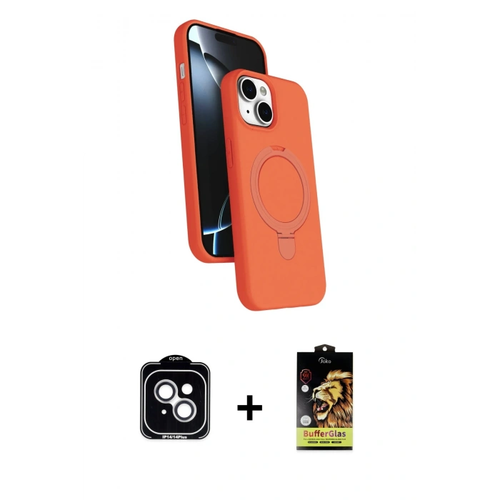 MARSİLYAN™- iPhone 14 Kılıf İz Işık Koleksiyonu - Siyah Buffer Cam Ekran Koruyucu + PVD Metal Kamera Lens - GS