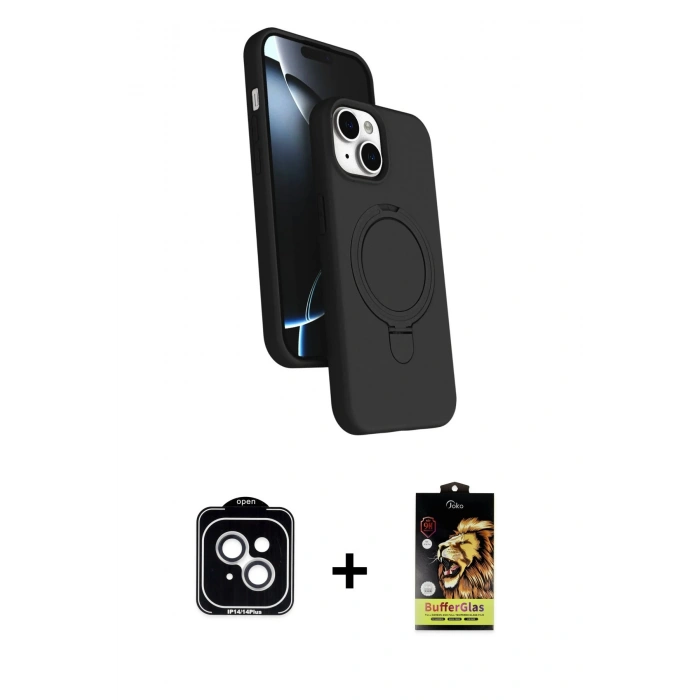 MARSİLYAN™- iPhone 14 Kılıf İz Işık Koleksiyonu - Siyah Buffer Cam Ekran Koruyucu + PVD Metal Kamera Lens - GS