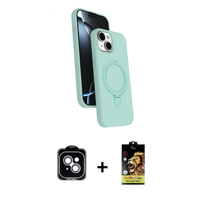 MARSİLYAN™- iPhone 14 Kılıf İz Işık Koleksiyonu - Siyah Buffer Cam Ekran Koruyucu + PVD Metal Kamera Lens - GS