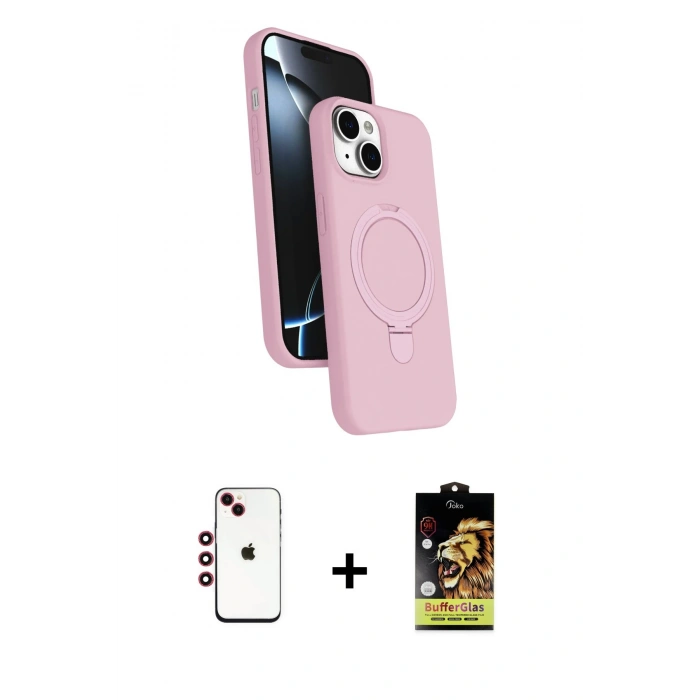 MARSİLYAN™- iPhone 14 Kılıf İz Işık Koleksiyonu - Siyah Buffer Cam Ekran Koruyucu + Shine Kamera Lens - KI