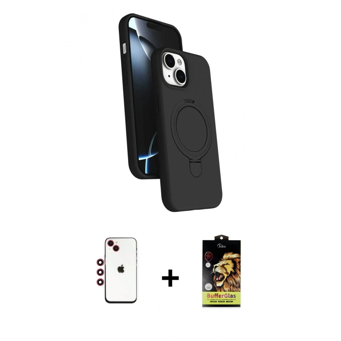 MARSİLYAN™- iPhone 14 Kılıf İz Işık Koleksiyonu - Siyah Buffer Cam Ekran Koruyucu + Shine Kamera Lens - KI