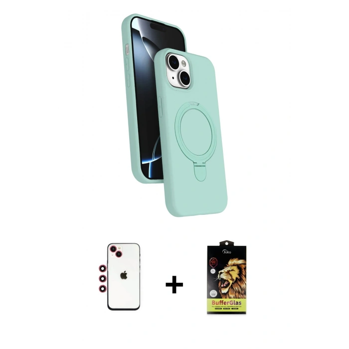 MARSİLYAN™- iPhone 14 Kılıf İz Işık Koleksiyonu - Siyah Buffer Cam Ekran Koruyucu + Shine Kamera Lens - KI