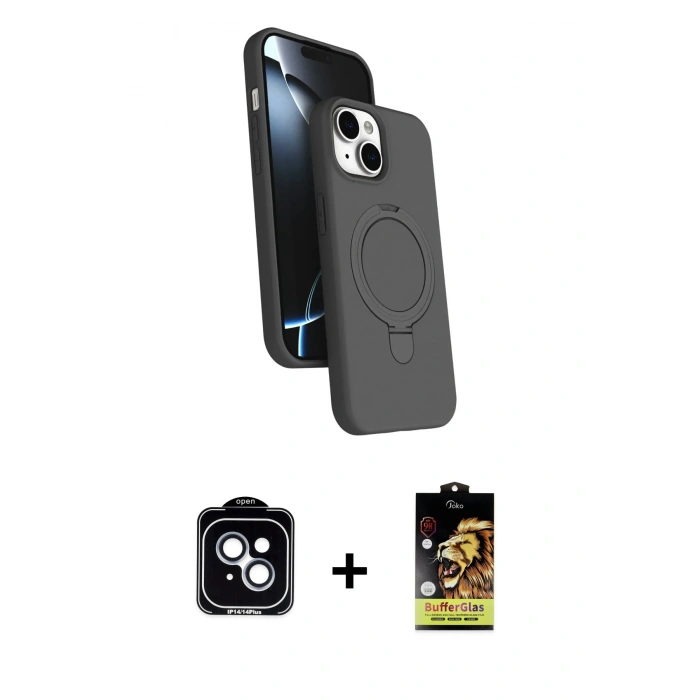 MARSİLYAN™- iPhone 14 Kılıf İz Işık Koleksiyonu - Siyah Buffer Cam Ekran Koruyucu + PVD Metal Kamera Lens - MI