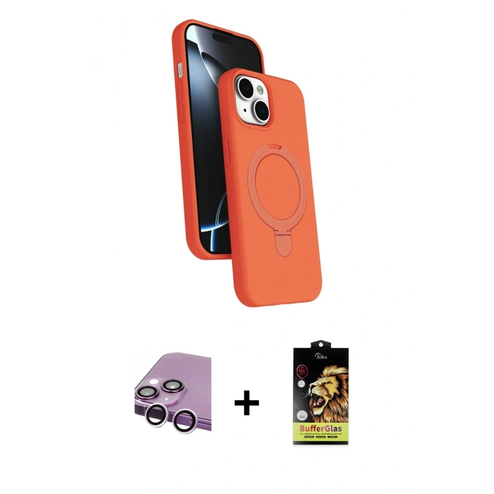 MARSİLYAN™- iPhone 14 Kılıf İz Işık Koleksiyonu - Siyah Buffer Cam Ekran Koruyucu + Mor Raze Metal Kamera Lens