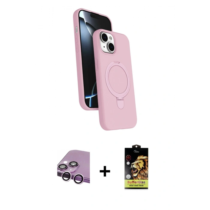 MARSİLYAN™- iPhone 14 Kılıf İz Işık Koleksiyonu - Siyah Buffer Cam Ekran Koruyucu + Mor Raze Metal Kamera Lens