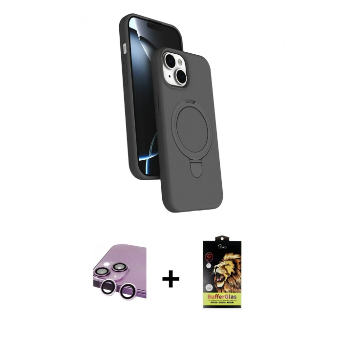 MARSİLYAN™- iPhone 14 Kılıf İz Işık Koleksiyonu - Siyah Buffer Cam Ekran Koruyucu + Mor Raze Metal Kamera Lens