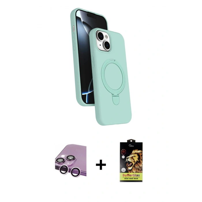 MARSİLYAN™- iPhone 14 Kılıf İz Işık Koleksiyonu - Siyah Buffer Cam Ekran Koruyucu + Mor Raze Metal Kamera Lens