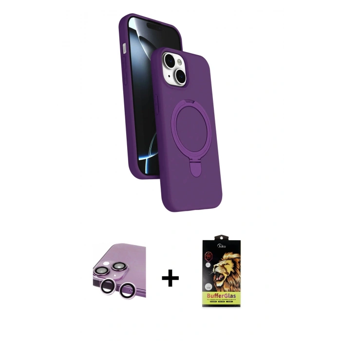 MARSİLYAN™- iPhone 14 Kılıf İz Işık Koleksiyonu - Siyah Buffer Cam Ekran Koruyucu + Mor Raze Metal Kamera Lens