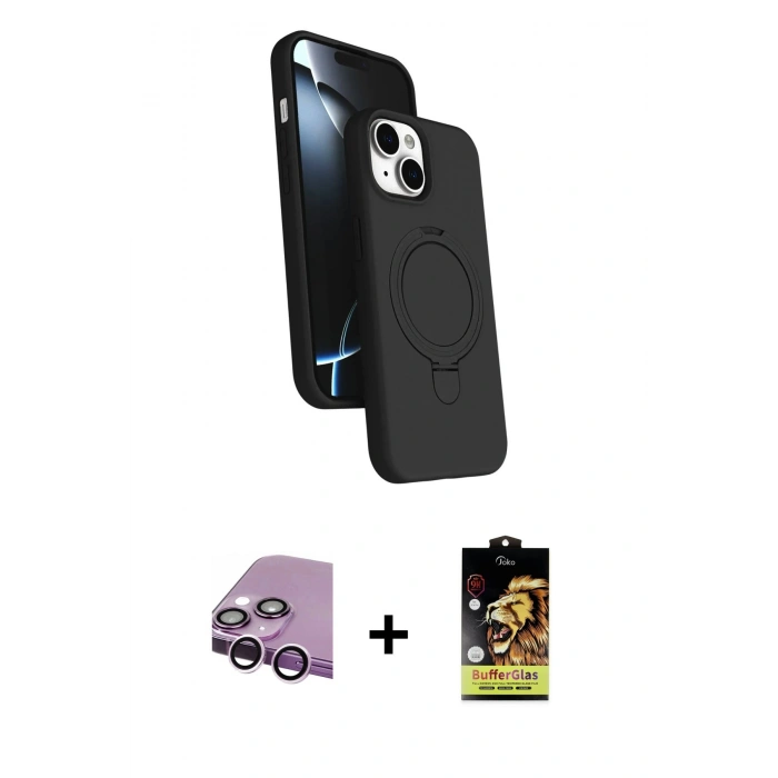 MARSİLYAN™- iPhone 14 Kılıf İz Işık Koleksiyonu - Siyah Buffer Cam Ekran Koruyucu + Mor Raze Metal Kamera Lens