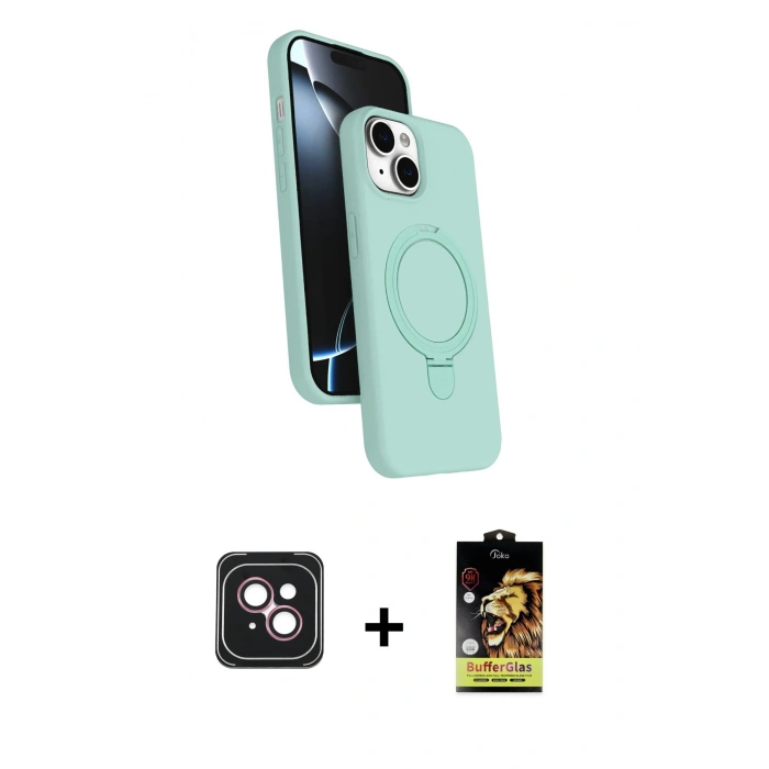 MARSİLYAN™- iPhone 14 Kılıf İz Işık Koleksiyonu - Siyah Buffer Cam Ekran Koruyucu + PVD Metal Kamera Lens - PE