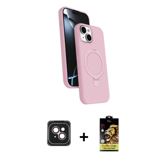 MARSİLYAN™- iPhone 14 Kılıf İz Işık Koleksiyonu - Siyah Buffer Cam Ekran Koruyucu + PVD Metal Kamera Lens - PE