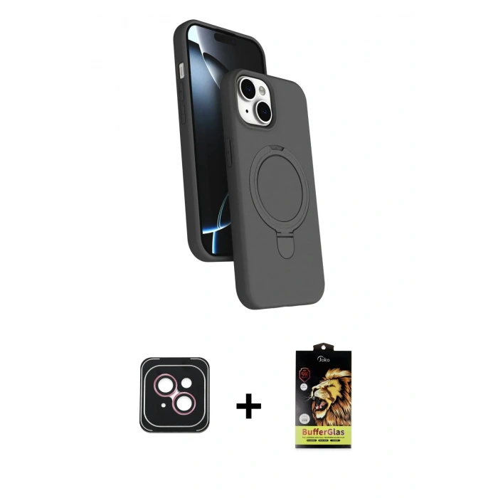 MARSİLYAN™- iPhone 14 Kılıf İz Işık Koleksiyonu - Siyah Buffer Cam Ekran Koruyucu + PVD Metal Kamera Lens - PE