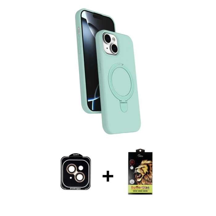 MARSİLYAN™- iPhone 14 Kılıf İz Işık Koleksiyonu - Siyah Buffer Cam Ekran Koruyucu + PVD Metal Kamera Lens - TU