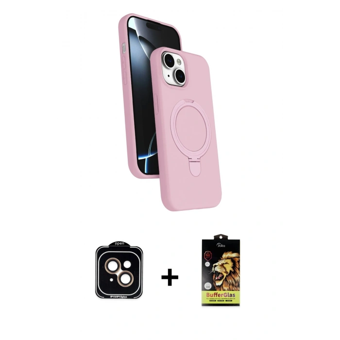 MARSİLYAN™- iPhone 14 Kılıf İz Işık Koleksiyonu - Siyah Buffer Cam Ekran Koruyucu + PVD Metal Kamera Lens - TU