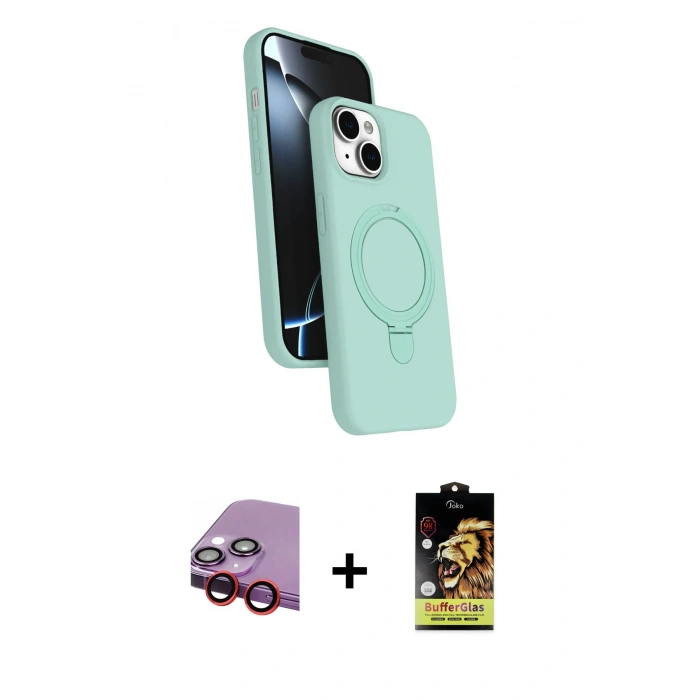 MARSİLYAN™- iPhone 14 Kılıf İz Işık Koleksiyonu - Siyah Buffer Cam Ekran Koruyucu + Raze Metal Kamera Lens - KI