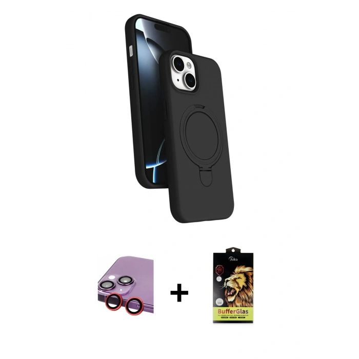 MARSİLYAN™- iPhone 14 Kılıf İz Işık Koleksiyonu - Siyah Buffer Cam Ekran Koruyucu + Raze Metal Kamera Lens - KI