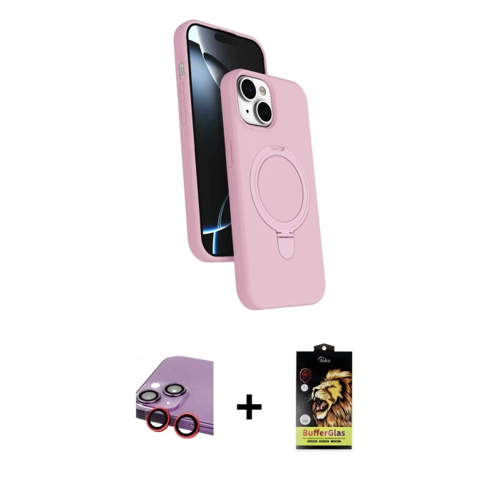 MARSİLYAN™- iPhone 14 Kılıf İz Işık Koleksiyonu - Siyah Buffer Cam Ekran Koruyucu + Raze Metal Kamera Lens - KI