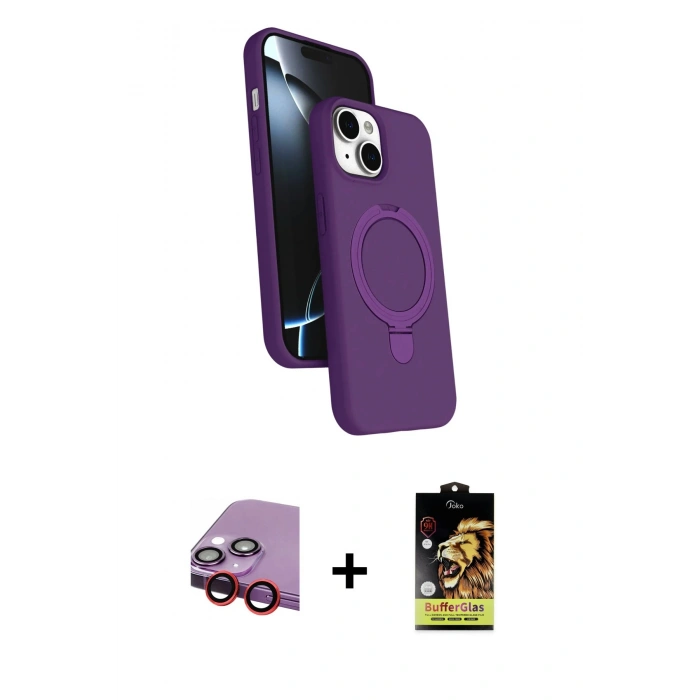 MARSİLYAN™- iPhone 14 Kılıf İz Işık Koleksiyonu - Siyah Buffer Cam Ekran Koruyucu + Raze Metal Kamera Lens - KI