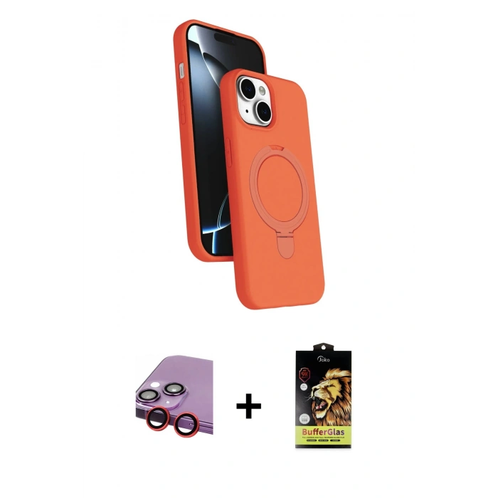 MARSİLYAN™- iPhone 14 Kılıf İz Işık Koleksiyonu - Siyah Buffer Cam Ekran Koruyucu + Raze Metal Kamera Lens - KI