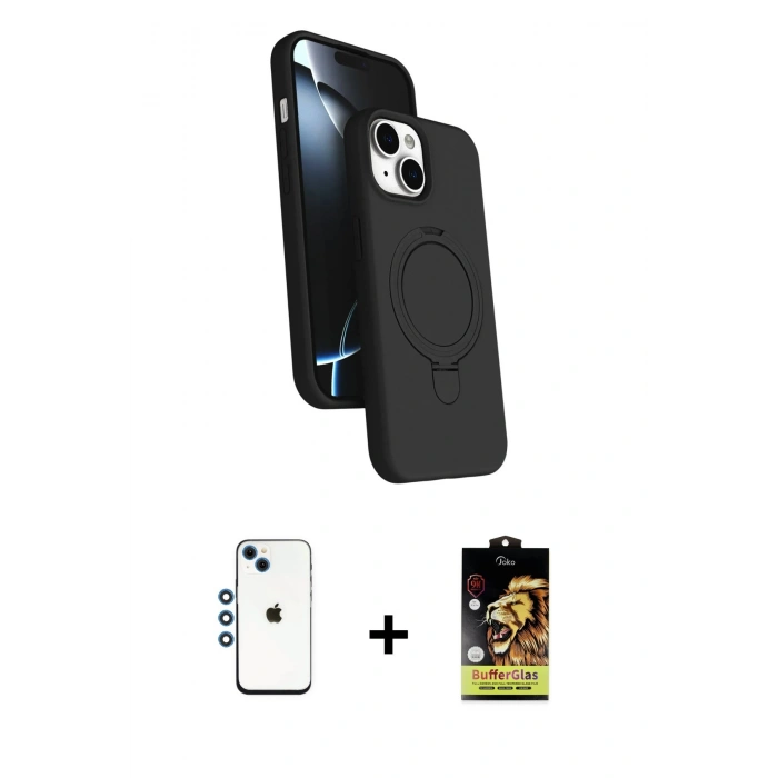 MARSİLYAN™- iPhone 14 Kılıf İz Işık Koleksiyonu - Siyah Buffer Cam Ekran Koruyucu + Shine Kamera Lens - MI