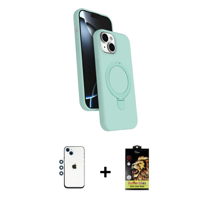 MARSİLYAN™- iPhone 14 Kılıf İz Işık Koleksiyonu - Siyah Buffer Cam Ekran Koruyucu + Shine Kamera Lens - MI