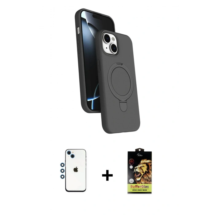 MARSİLYAN™- iPhone 14 Kılıf İz Işık Koleksiyonu - Siyah Buffer Cam Ekran Koruyucu + Shine Kamera Lens - MI