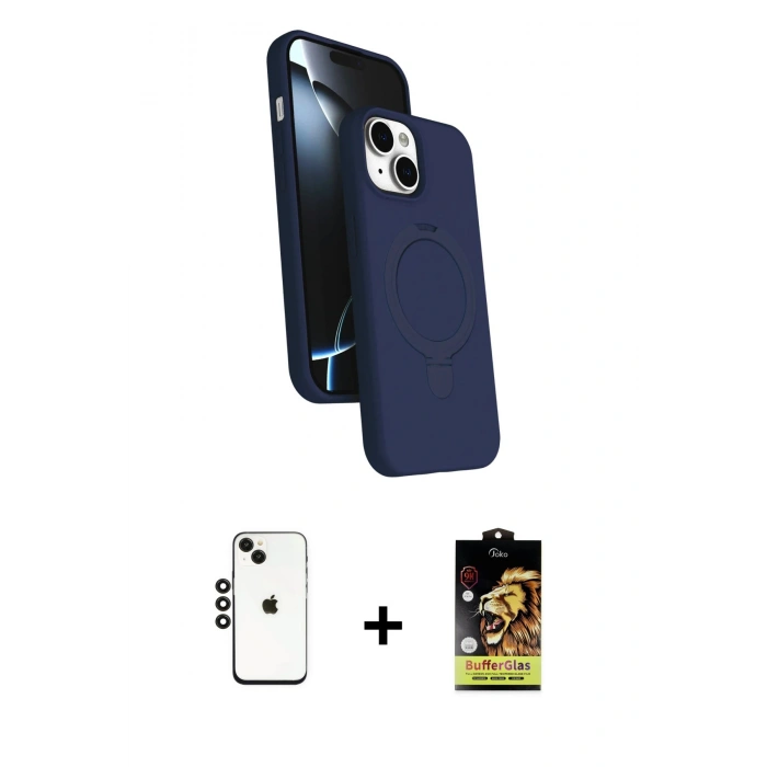 MARSİLYAN™- iPhone 14 Kılıf İz Işık Koleksiyonu - Siyah Buffer Cam Ekran Koruyucu + Shine Kamera Lens - SH