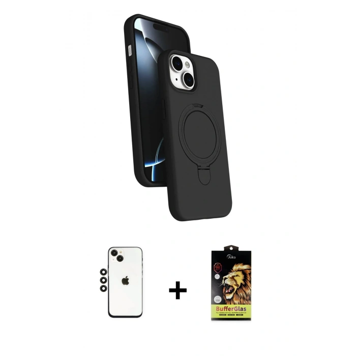 MARSİLYAN™- iPhone 14 Kılıf İz Işık Koleksiyonu - Siyah Buffer Cam Ekran Koruyucu + Shine Kamera Lens - SH