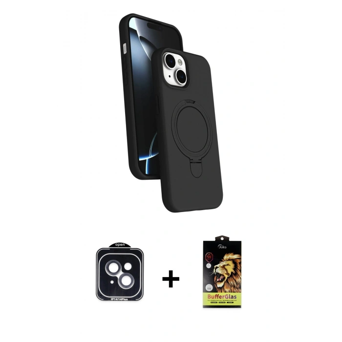 MARSİLYAN™- iPhone 14 Kılıf İz Işık Koleksiyonu - Siyah Buffer Cam Ekran Koruyucu + Siyah PVD Metal Kamera Lens