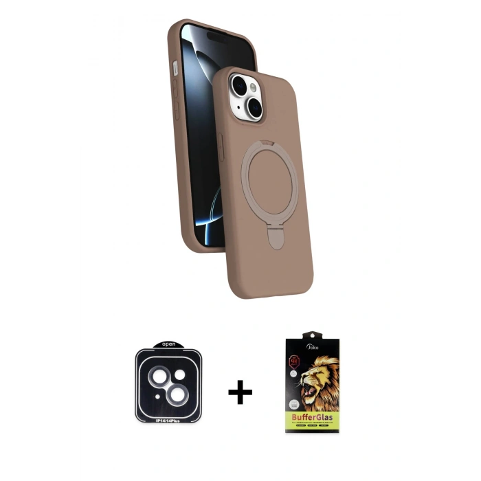 MARSİLYAN™- iPhone 14 Kılıf İz Işık Koleksiyonu - Siyah Buffer Cam Ekran Koruyucu + Siyah PVD Metal Kamera Lens