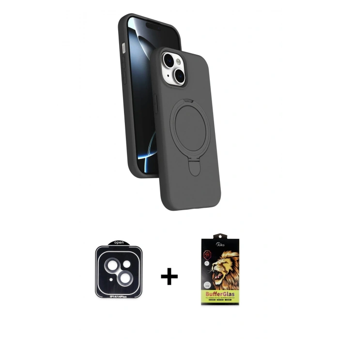MARSİLYAN™- iPhone 14 Kılıf İz Işık Koleksiyonu - Siyah Buffer Cam Ekran Koruyucu + Siyah PVD Metal Kamera Lens