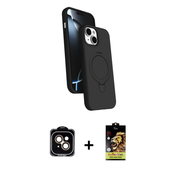 MARSİLYAN™- iPhone 14 Kılıf İz Işık Koleksiyonu - Siyah Buffer Cam Ekran Koruyucu + Turuncu PVD Metal Kamera Lens