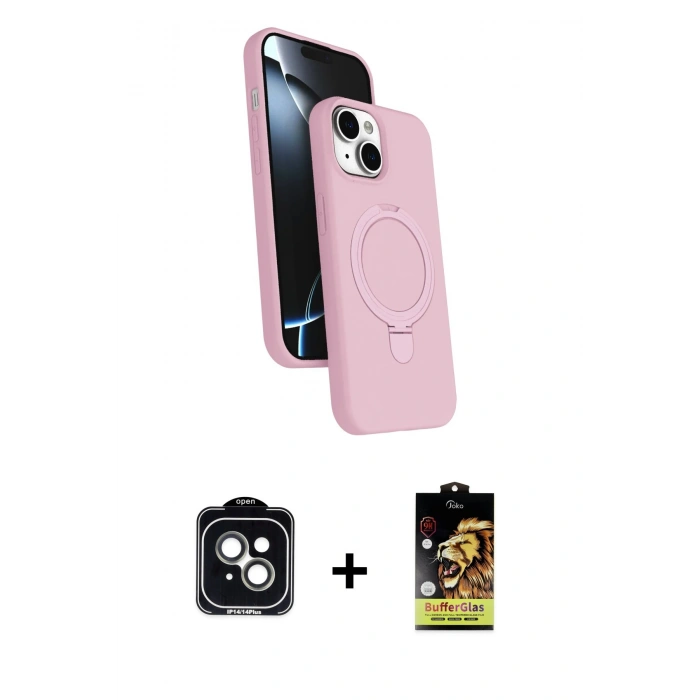 MARSİLYAN™- iPhone 14 Kılıf İz Işık Koleksiyonu - Siyah Buffer Cam Ekran Koruyucu + PVD Metal Kamera Lens - YL